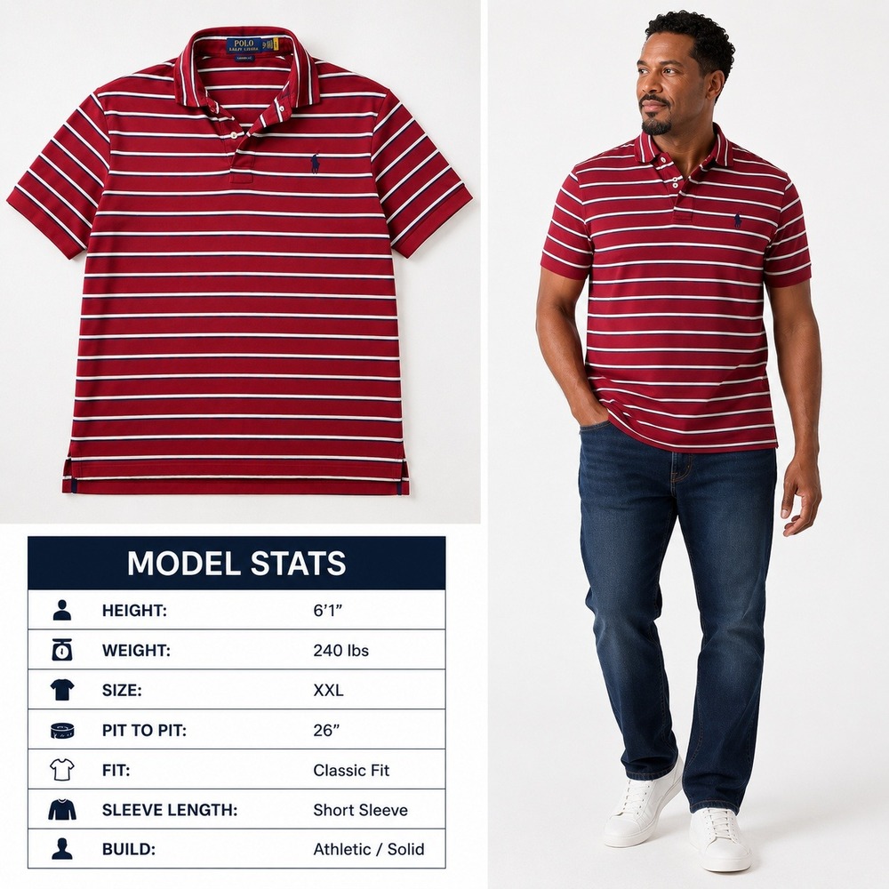 Polo Ralph Lauren Mens XXL Red Striped Classic Fit Short Sleeve Polo Shirt